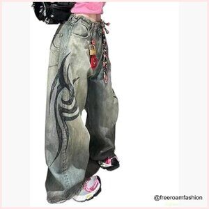 High Waisted Wide Leg Baggy Jeans Y2K Streetwear Goth Pants Unisex